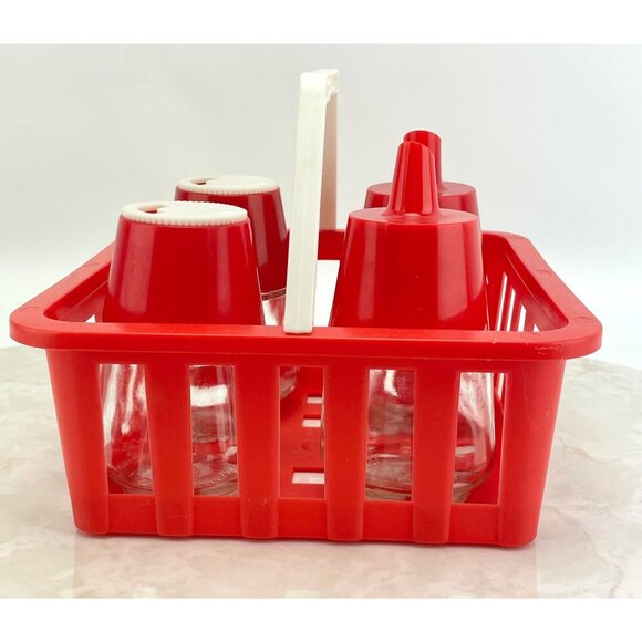 Vintage 70s condiment caddy, picnic plastic and glass dispensers - Picture 9 of 10